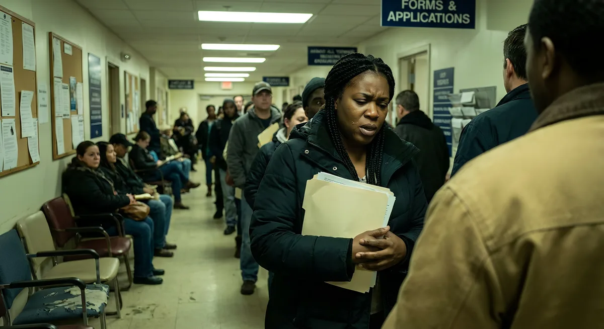 A queue of people waiting with folders of paperwork in a government records office, under a Forms & Applications sign