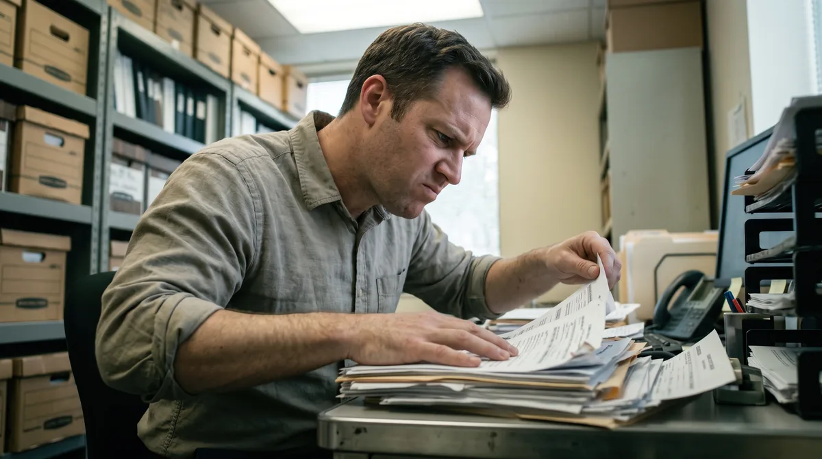 eRecordIQ - a records clerk searching through stacks of paper files in a document archive