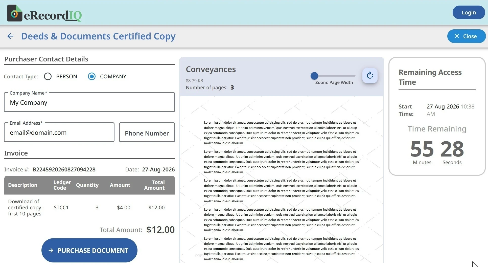 The eRecordIQ Deeds & Documents Certified Copy screen: purchaser contact details, a certified-copy invoice, the document preview, and a remaining-access-time panel (demo data)