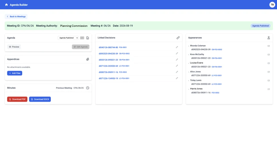 A published agenda in CommunityWorks, showing linked decisions, appearances, minutes, and download options
