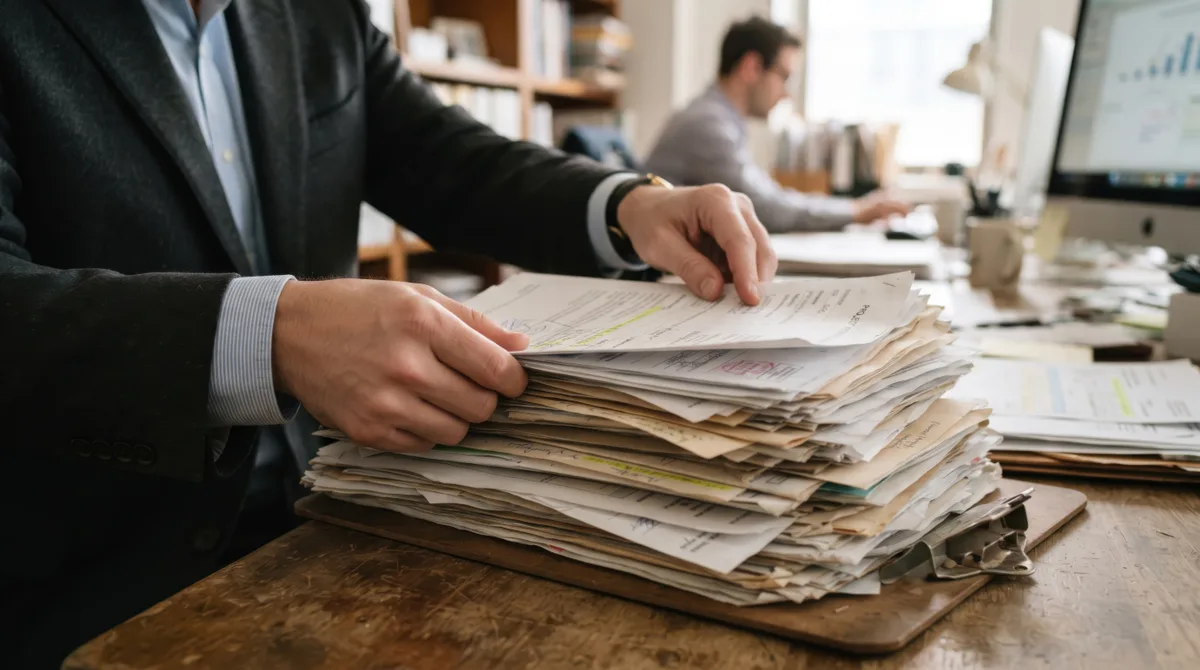 Registrar - a registry officer sorting a thick stack of paper incorporation filings on a desk