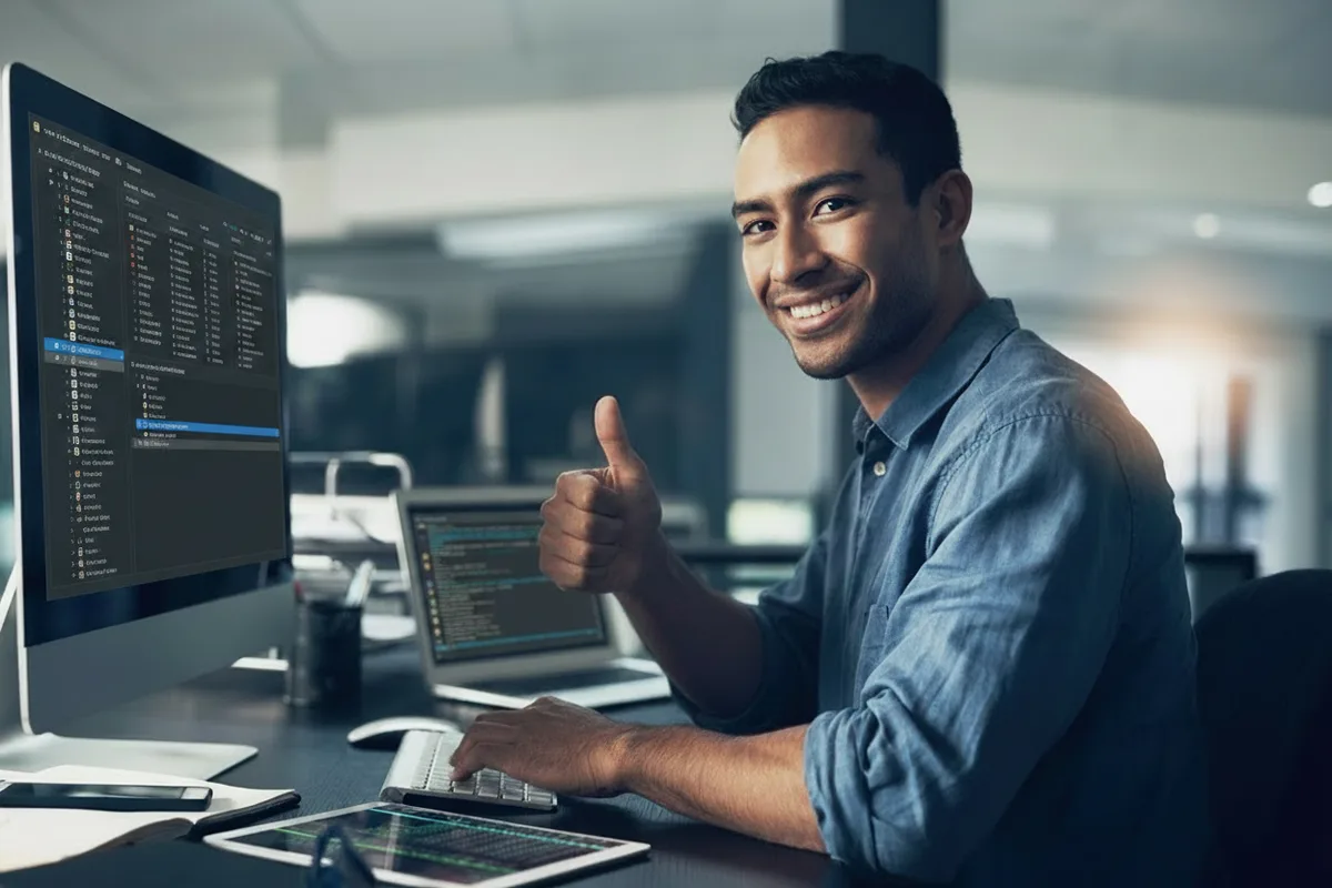 An officer at a desktop workstation giving a thumbs up
