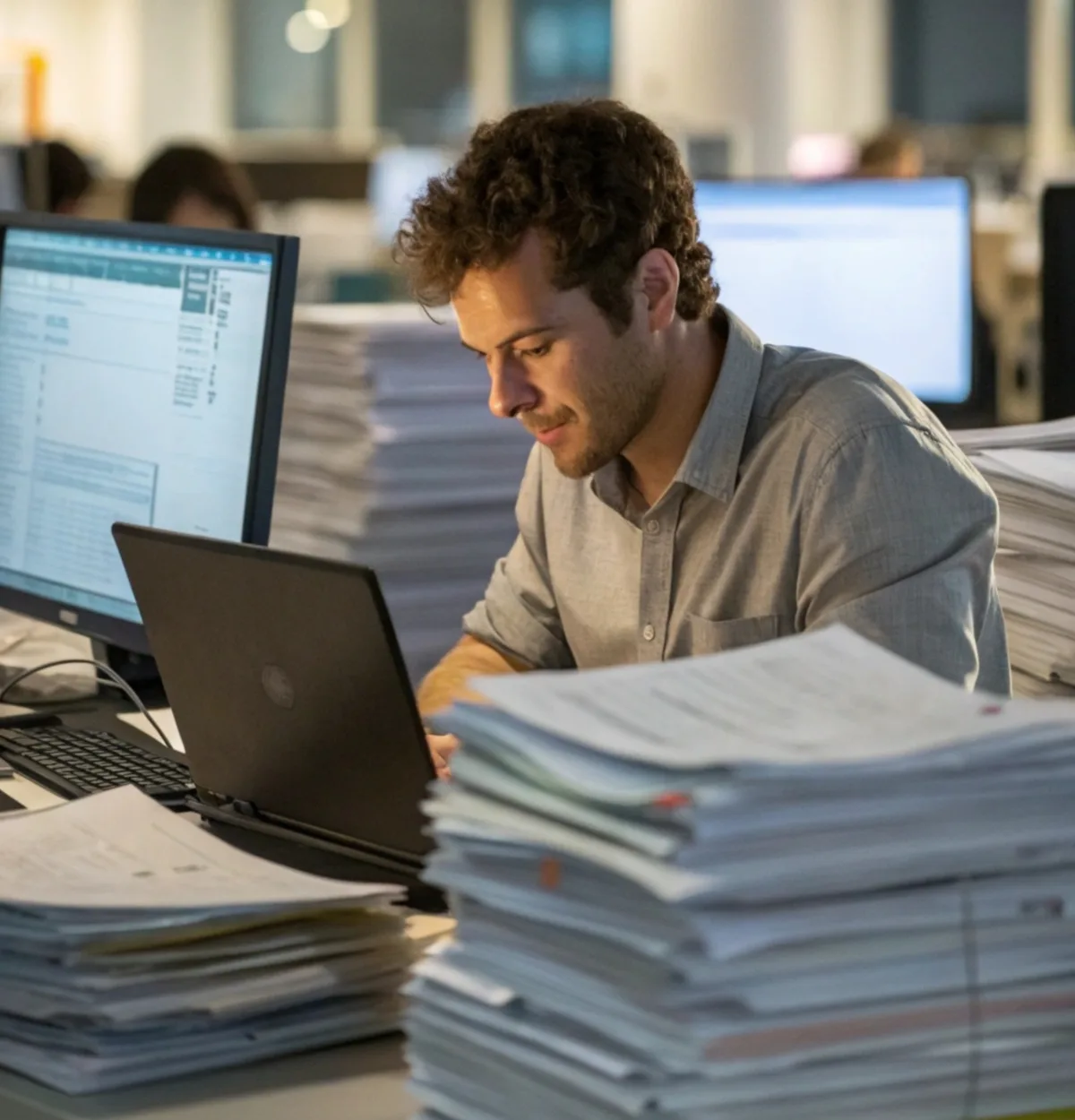 A tax officer at a desk hemmed in by tall stacks of paper filings, working through a spreadsheet on screen