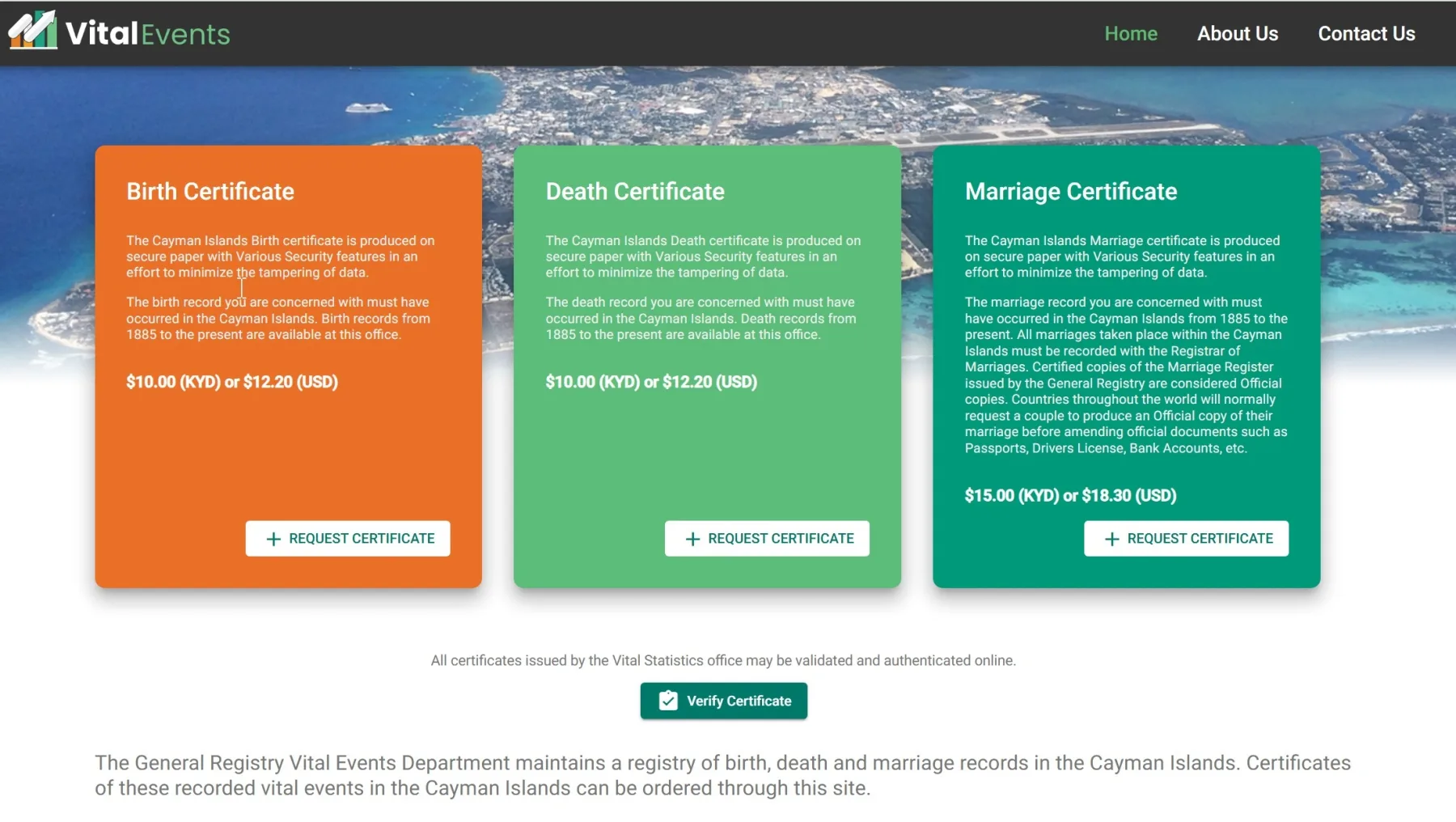 The Vital Events online certificate request page, offering birth, death, and marriage certificates with fees and a certificate verification link